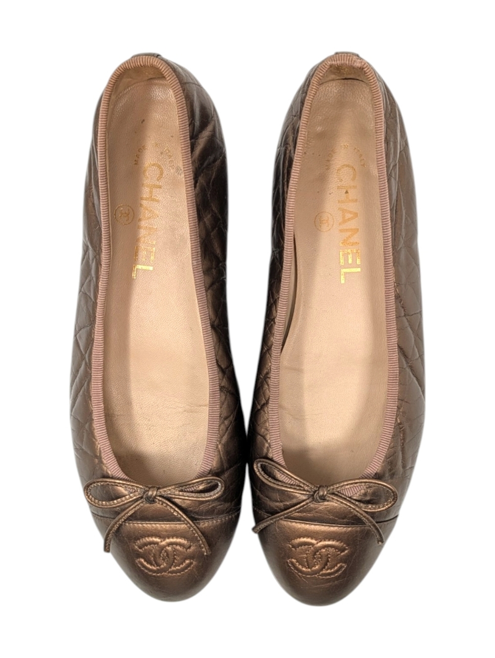 Chanel Ballet Flat Ballerina CC Logo Cap Toe Metallic Bronze Leather 38 | 7.5